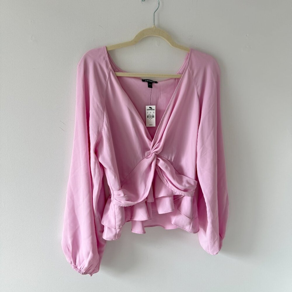 Express Twist Front Tiered Ruffle Peplum Top in Soft Baby Pink (Large)